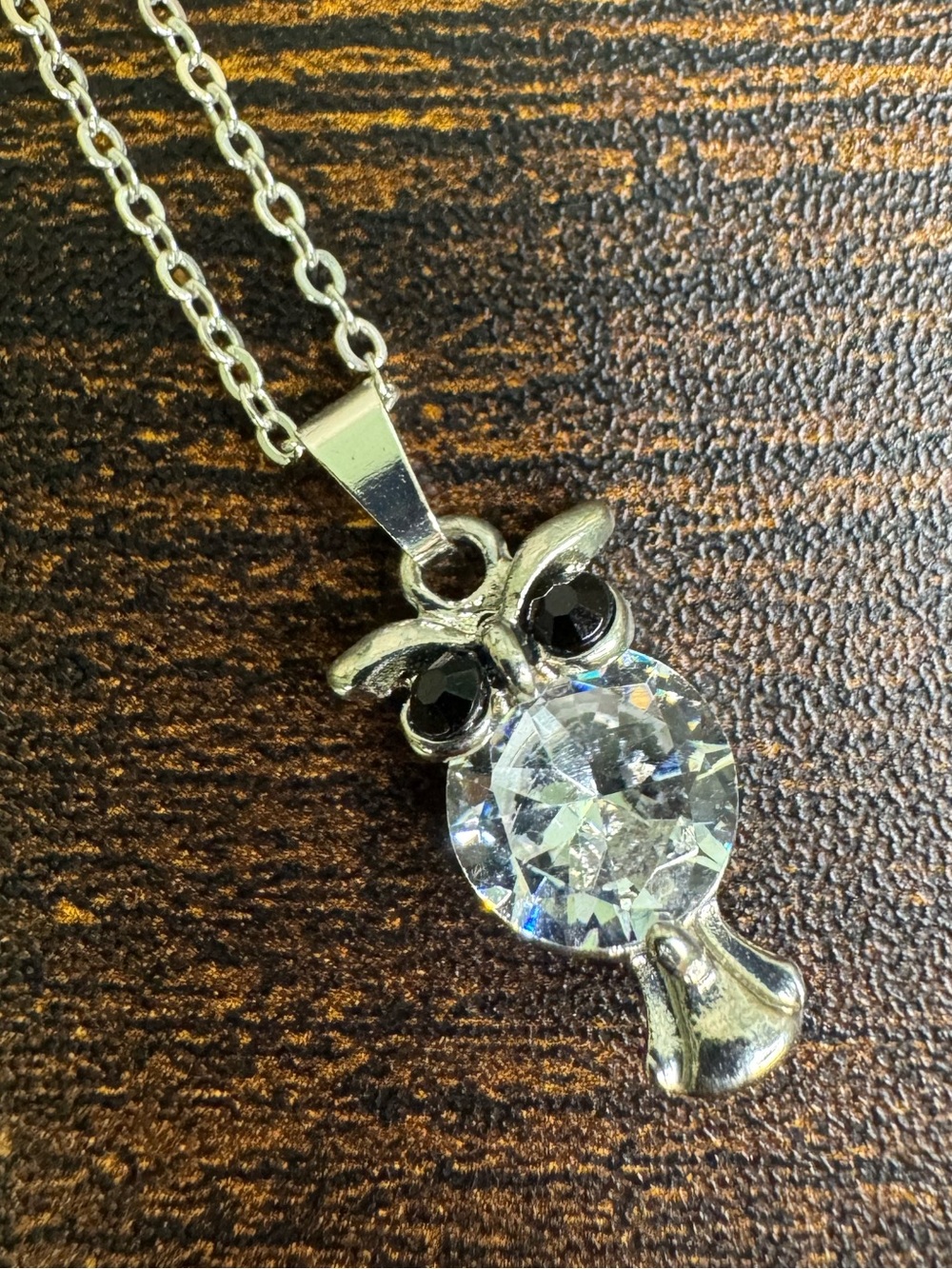 Silver Tone Owl Pendant Necklace with Clear Crystal